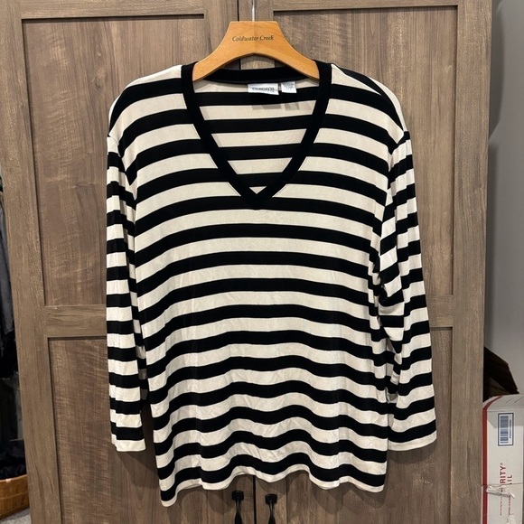 Chico's Travelers Size 3 (XL) Black and White Stripe Top V Neck - Picture 1 of 10
